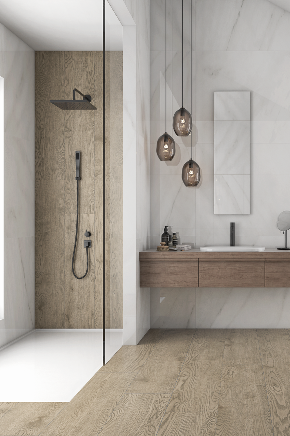 Modern bathroom with a light wood tile floor, harmonious design, and serene atmosphere.