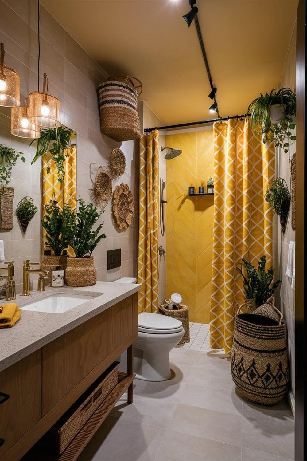 Baño boho vibrante con azulejos amarillos y decoración ecléctica