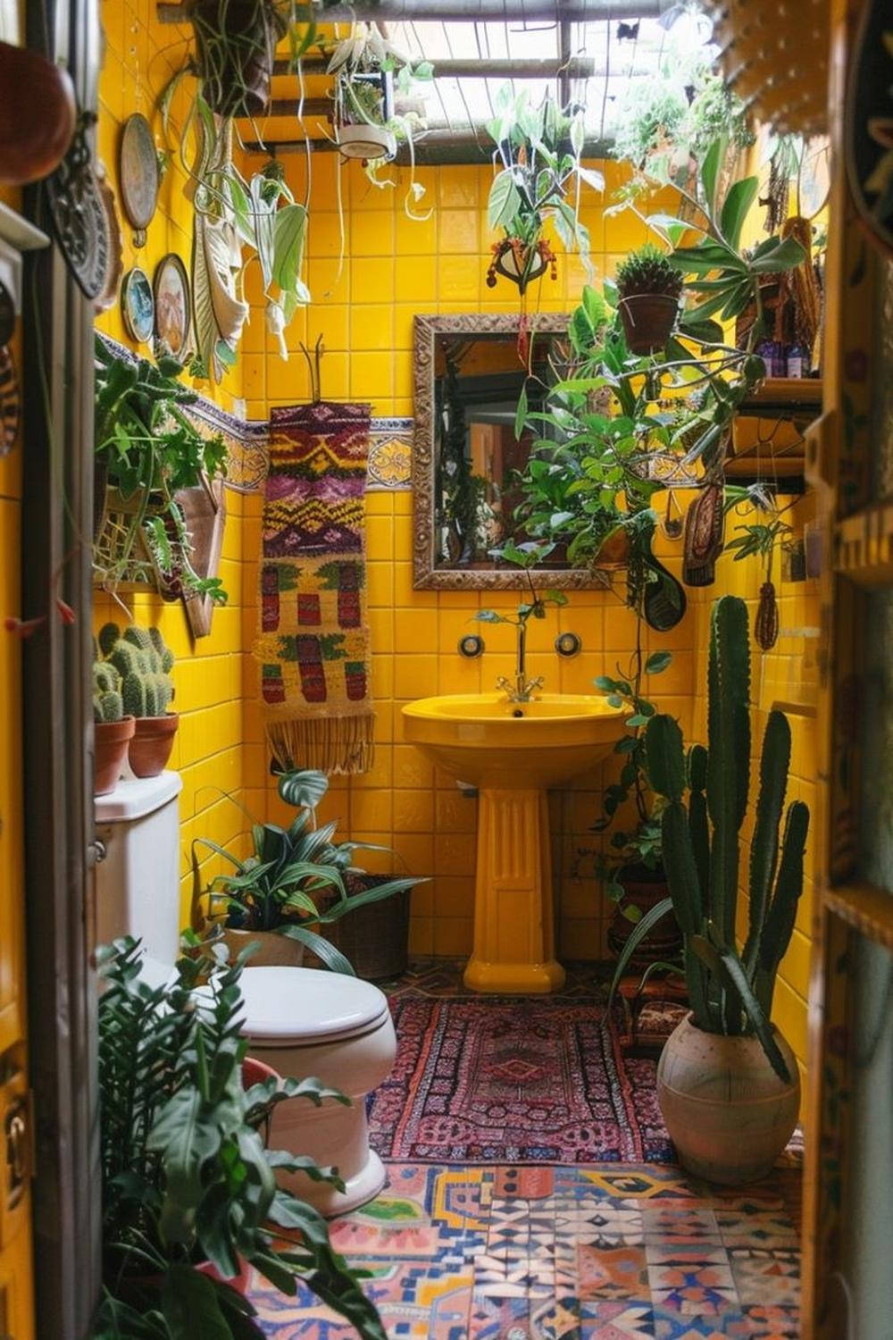 Baño boho con lavabo amarillo y abundante vegetación