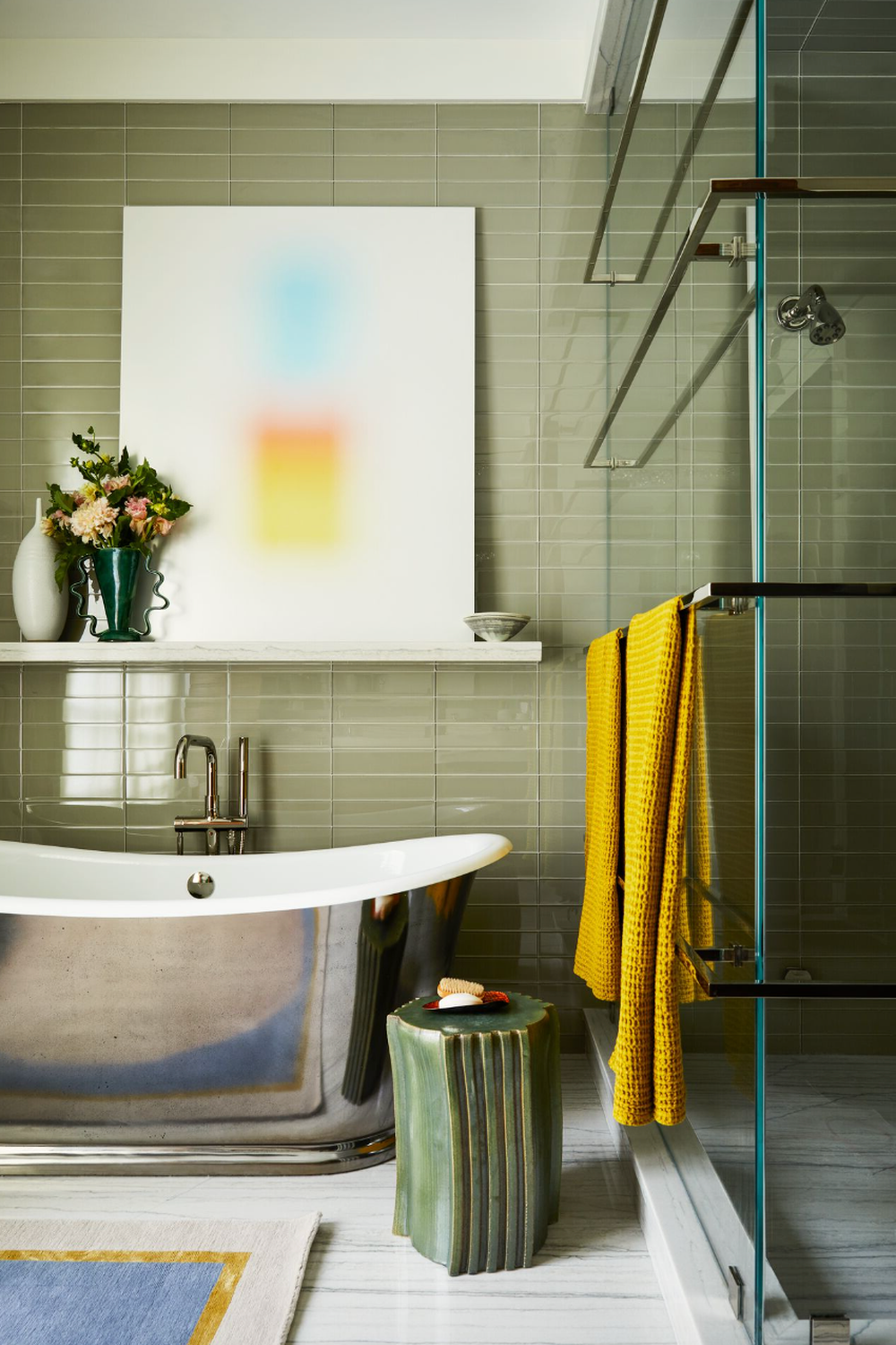 Contemporary bathroom design with artistic elements and yellow accents