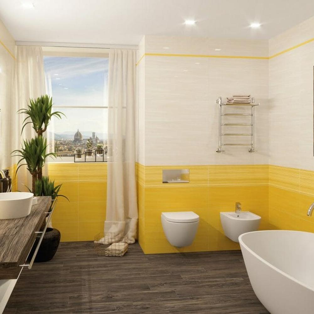 Welcoming bathroom featuring yellow tiles with a contemporary design
