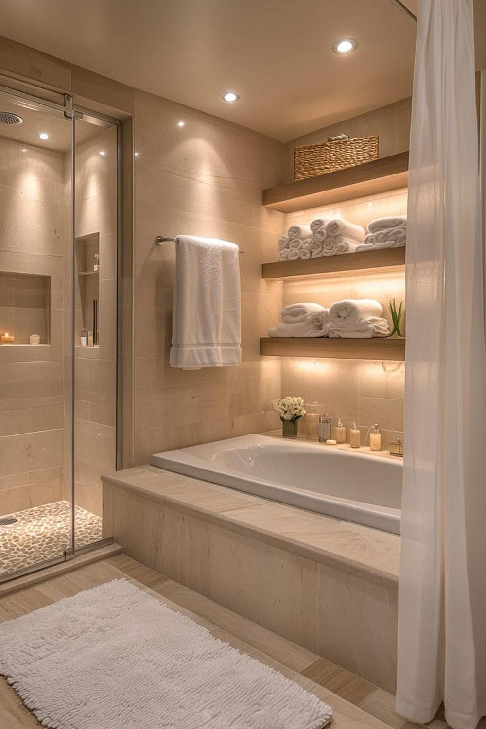 Baño zen con tonos neutros y espacios abiertos