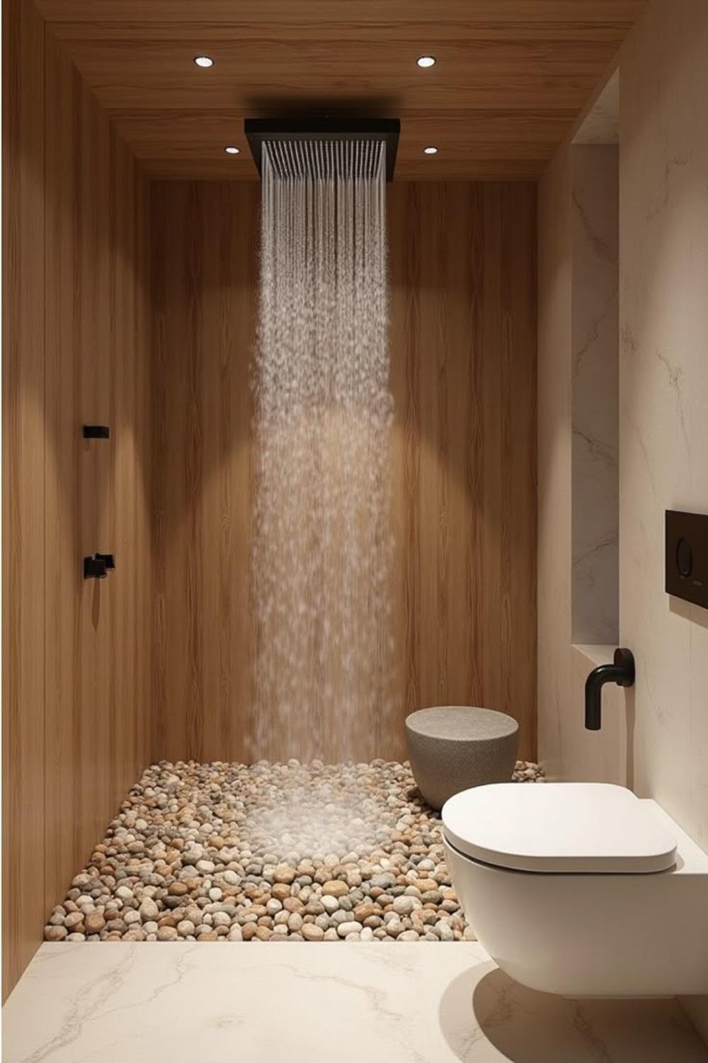 Baño minimalista con ducha de lluvia
